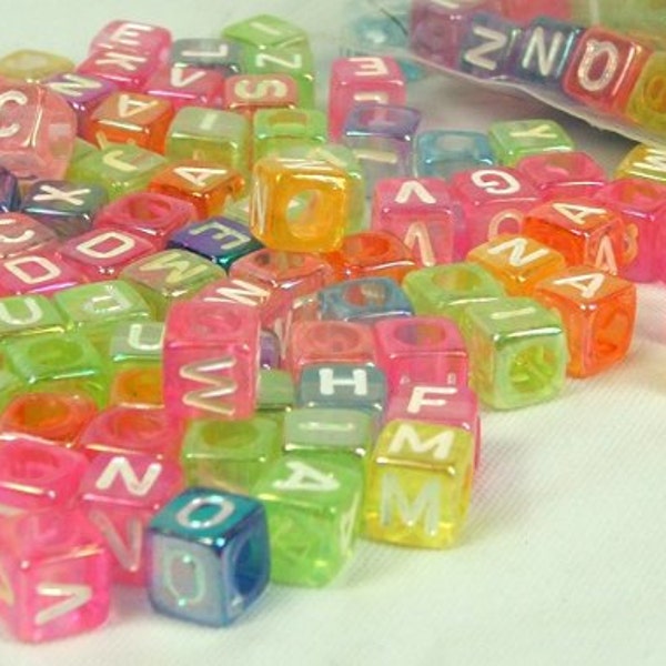 Alphabet Cube Beads Rainbow Translucent Square Bead 6mm by 6mm Side Drill Craft Supply letter beads