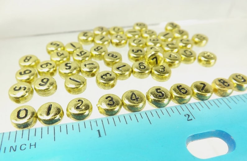 Number Beads Gold Flat Round Black Numbers 50 pieces 7x4mm Side Drill jewelry supply spacer bead