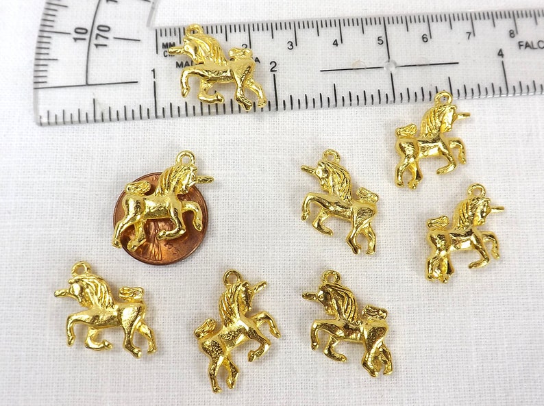Unicorn charm 8 pieces mythical creature two sided jewelry supply gold plate metal fairy tale animal charm