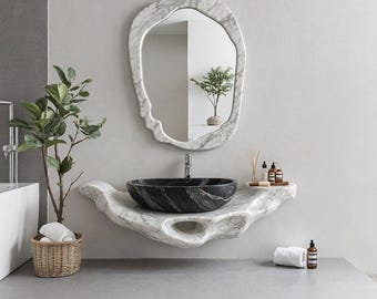 Mobile bagno sospeso in marmo Calacatta con lavabo a ciotola nero – Consolle a parete in pietra scolpita a mano