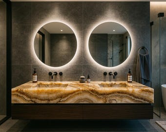 Mobile bagno sospeso in onice color miele – Doppio lavabo, larghezza 80 pollici, lusso moderno