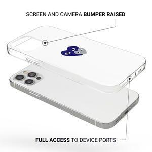 May include: Clear phone case with a blue and gray heart design. The case is transparent, allowing the phone's color to show through. The text on the image reads "SCREEN AND CAMERA BUMPER RAISED" and "FULL ACCESS TO DEVICE PORTS."