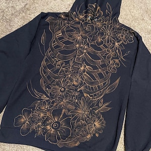 Bleach Hoodie, Hand-Painted "Skeleton Flowers", Wearable Art