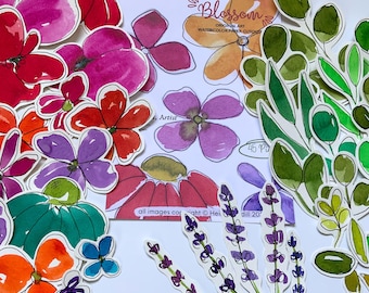 Watercolor Blossoms Paper Cutouts Grab Bag, 45 Pieces, Original Art