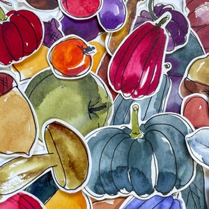 May include: Watercolour painting of various fruits and vegetables, including a red pepper, a green apple, a purple aubergine, a red onion, and a blue pumpkin.