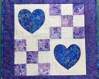 Purple & Blue Heart Quilted Wall Hanging – Handmade Quilt Décor – 20.25" x 20.75"