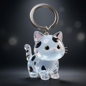 May include: A clear, translucent cat-shaped keyring featuring black spots, pink inner ears, and a small pink nose. The cat figure has large dark eyes and white whiskers, and it is attached to a circular silver-toned metal split ring for keys.