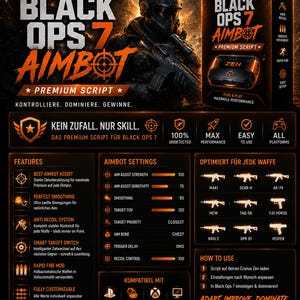May include: Promotional graphic for a "Black Ops 7 Aimbot" script, featuring a futuristic soldier illustration. The design includes text in orange and white, highlighting features like "Best Aimbot Assist" and "Anti Recoil System."