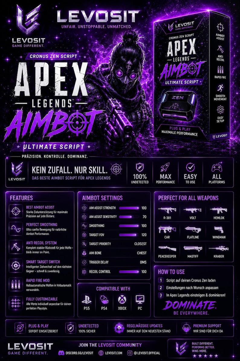 May include: A purple and black graphic advertising an Apex Legends Aimbot script. The image includes text such as "Ultimate Script" and "Cronus Zen Script," alongside weapon icons and platform compatibility details for PS5, PS4, Xbox, and PC.
