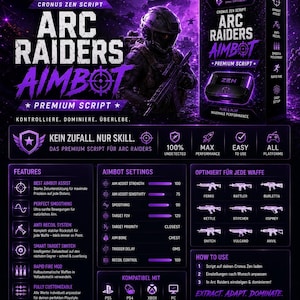 Pode incluir: Um gráfico roxo e preto que promove "Arc Raiders Aimbot" para jogos. A imagem apresenta um gráfico de soldado, detalhes do produto e compatibilidade com PS5, PS4, Xbox e PC. O texto inclui "Premium Script" e "Plug & Play".