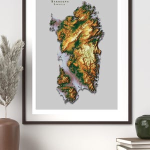 Peut inclure: Une impression d'art murale encadrée présentant une carte en relief topographique détaillée de la Sardaigne. La carte affiche un terrain varié dans des tons de vert, jaune et brun sur un fond gris clair, avec le texte Sardegna Sardinia en haut.
