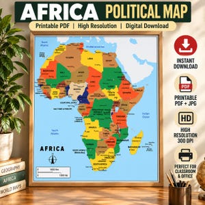 Peut inclure: Une carte politique de l'Afrique imprimée sur une affiche rectangulaire, présentant des pays multicolores, des capitales étiquetées et une rose des vents. Le texte indique AFRICA POLITICAL MAP, Printable PDF, High Resolution, Digital Download.