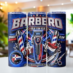 Peut inclure: Un gobelet cylindrique avec un fond en briques bleues portant le texte BARBERO et KLK CON KLK. Le design comprend un poteau de barbier, une tondeuse à cheveux avec un logo D, un rasoir droit, des ciseaux et la carte du drapeau dominicain.