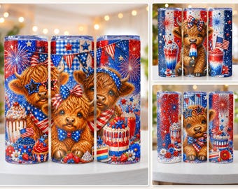 Conjunto de adesivos para copo térmico Highland Cow Patriótico 20oz Skinny Sublimation PNG Download Digital Bandeira dos EUA Vaca Fofa Conjunto de 4 designs.