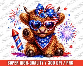 Vaca das Terras Altas PNG do 4 de Julho, Design de Sublimação de Vaca Bebê Fofa e Divertida para o Quatro de Julho, PNG Patriótico Americano da Moda, Download Digital