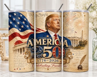 TRUMP - EUA 250º Aniversário PNG | Copo Térmico de 591ml com Sublimação para o 4 de Julho | América 1776-2026 Semiquincentenário | Adesivo Patriótico para Copo Térmico