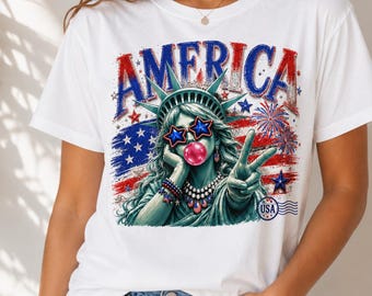 Patriotic America PNG, 4th of July Sublimation Design, Statue of Liberty Bubblegum Tshirt and Tumbler Design Fourth of July Digital Download