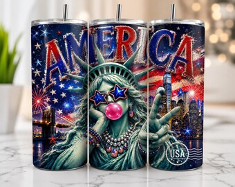 America PNG Sublimation Design, 4th of July Statue of Liberty Bubblegum, Patriotic American Flag Shirt/Tumbler Design Digital Download