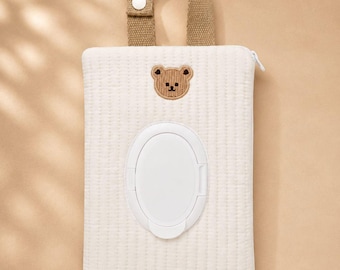 Quilted Bear Wipes Pouch | Diaper Bag Accessory | Embroidered Baby Holder