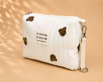 Quilted Bear Pouch | Baby Necessarie | Diaper Bag Organizer | Mom Clutch | Bear Embroidery