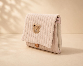 Quilted Diaper Bag Organizer | Teddy Bear Embroidery, Wipes Pocket, Stroller Clip