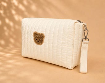 Quilted Stroller Organizer Bag with Bear Patch | Diaper Caddy, Ivory Quilted Fabric