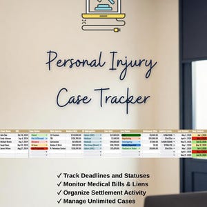 PI case management spreadsheet. Track deadlines, liens, medical records, and case progress.