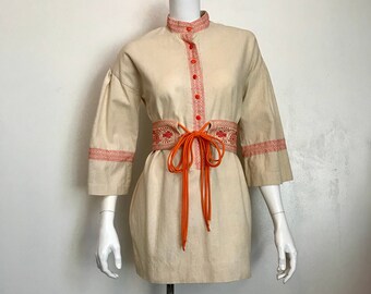 1970's 'Charm of Hollywood' natural cotton mini dress with decorative stitching and belt