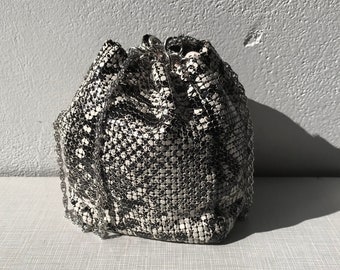1970's Whiting and Davis black and white python metal mesh handbag with original box