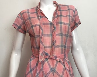 1930's pink and blue cotton plaid day dress/homemade