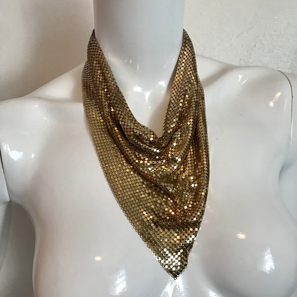 1970's Whiting and Davis gold metal mesh kerchief necklace