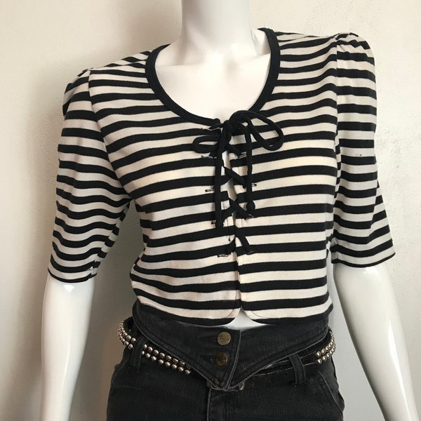 1980's 'Tops'on Down' for Junior Look black and white striped lace up shirt/size large