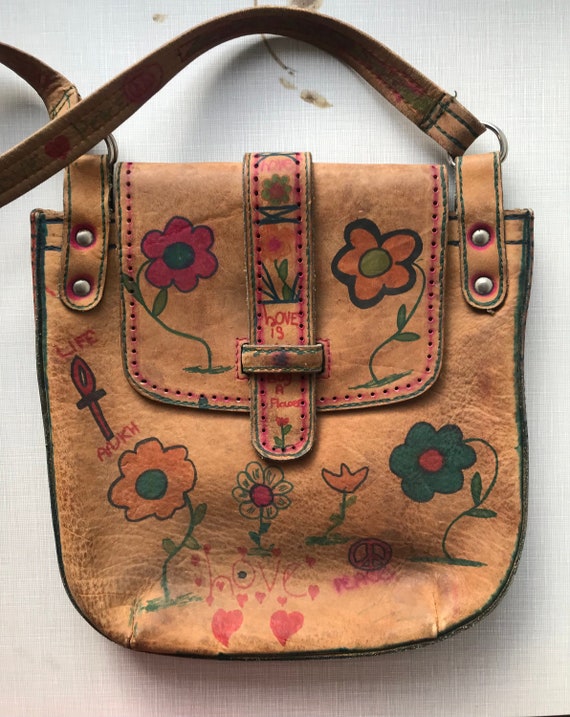 1970's leather shoulder bag with original hippie m