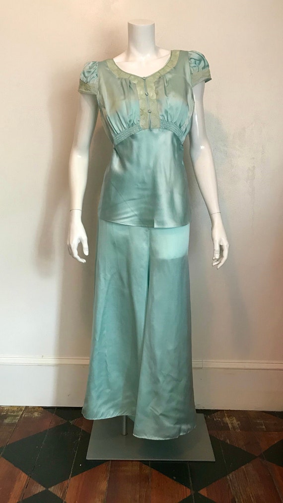1930's blue silk and rayon two piece pajama/lounge