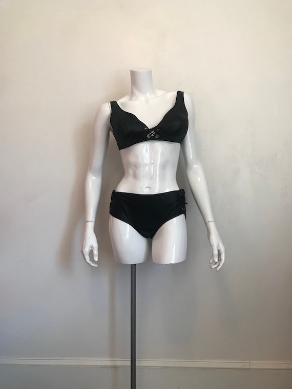 1960's black nylon 'wet look' lace up bikini