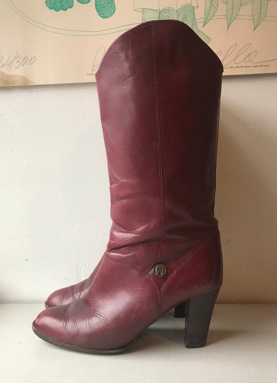 1980's Etienne Aigner burgundy leather mid calf b… - image 1