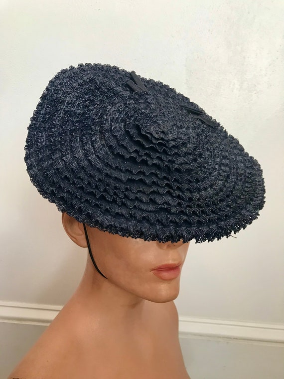 1940's navy blue straw tilt hat