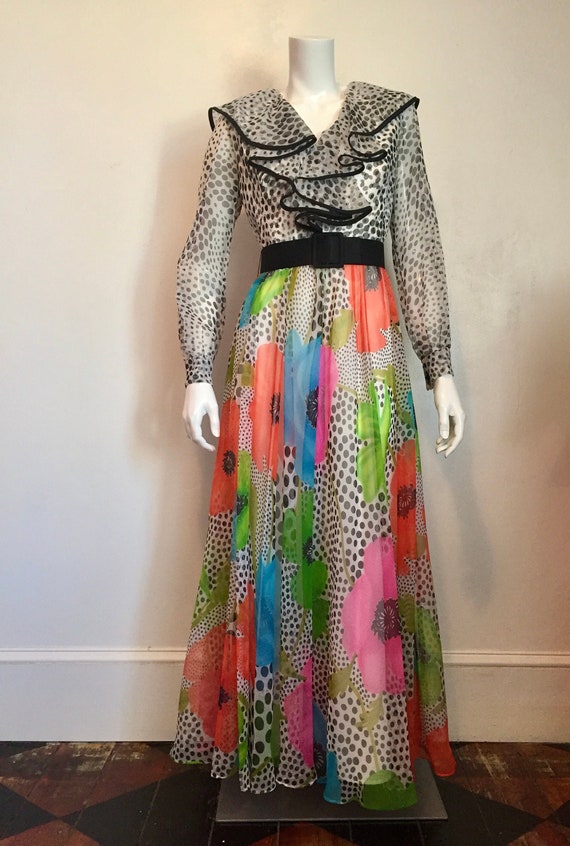 1970's Jack Bryan polka dots and poppies gown
