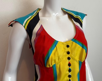 Robe longue en coton à rayures verticales multicolores des années 1970