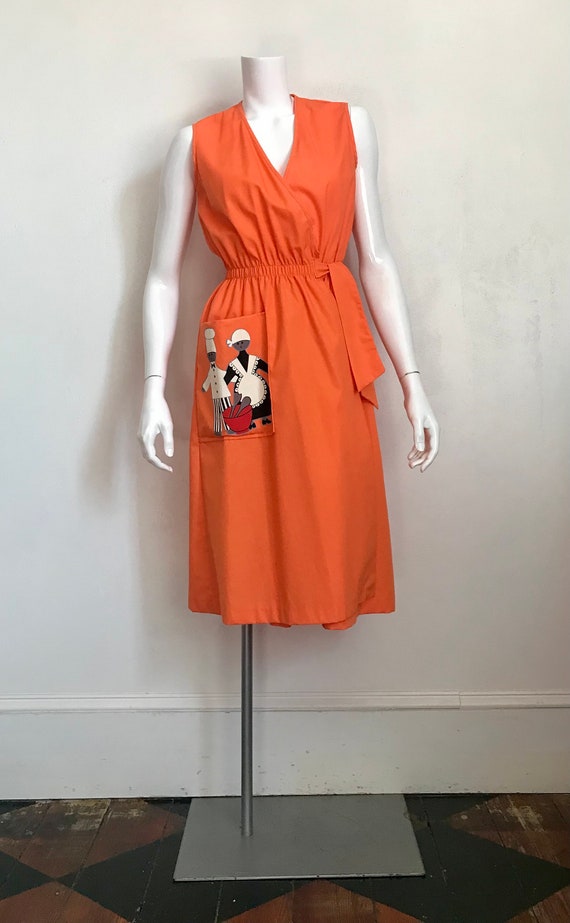 1970's orange wrap dress with chefs novelty print/