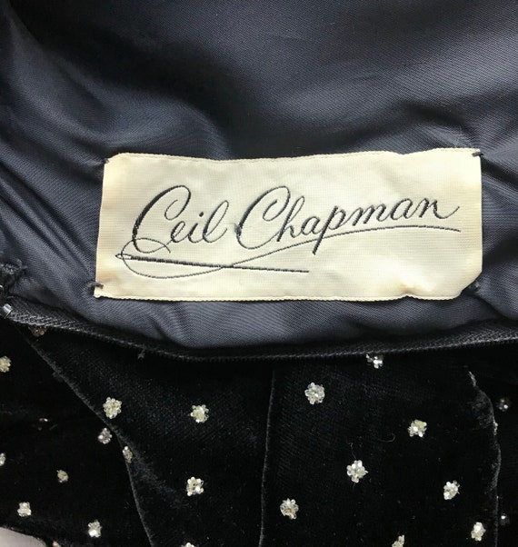 1960's Ceil Chapman diamante black velvet dress w… - image 7