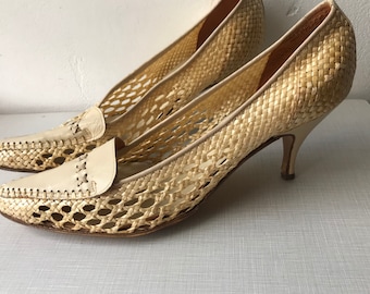 50er Jahre 'Jewel Tones' Stilettos aus Leder und Bast/made in Italy/Größe 10