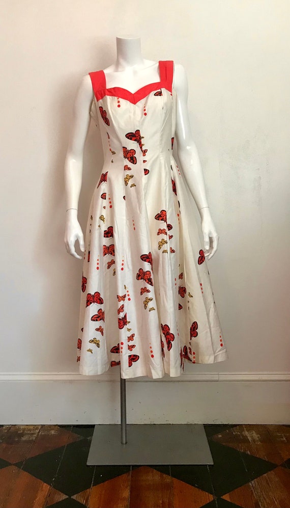 1960's white cotton sundress with butterflies and… - image 2