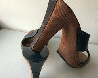 1980's "Antonettes" black leather high heel slides/made in Italy/size 10