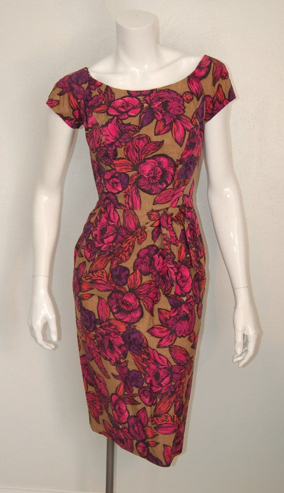 1960's pink and brown cotton floral wiggle dress m
