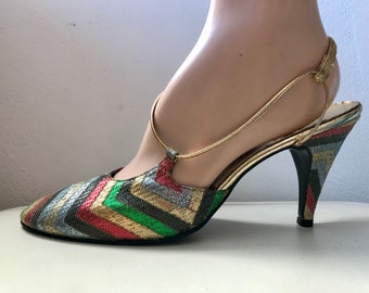 1980's Jacques Levine metallic chevron sling back heels/size 7N