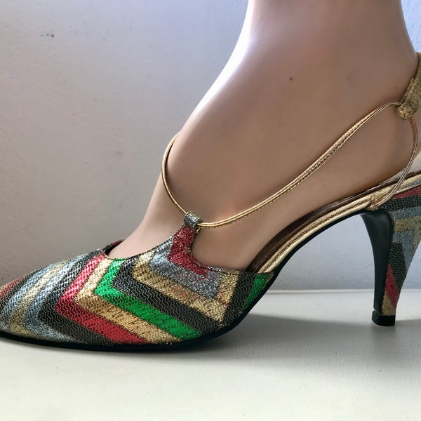 1980's Jacques Levine metallic chevron sling back heels/size 7N