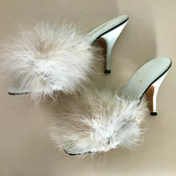 1950's Frederick's of Hollywood light blue marabou stilettos with box/size 8/unworn