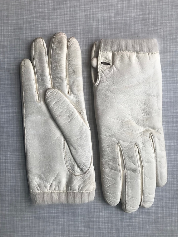 1960's white leather gloves/angora lined/size 7 - image 1