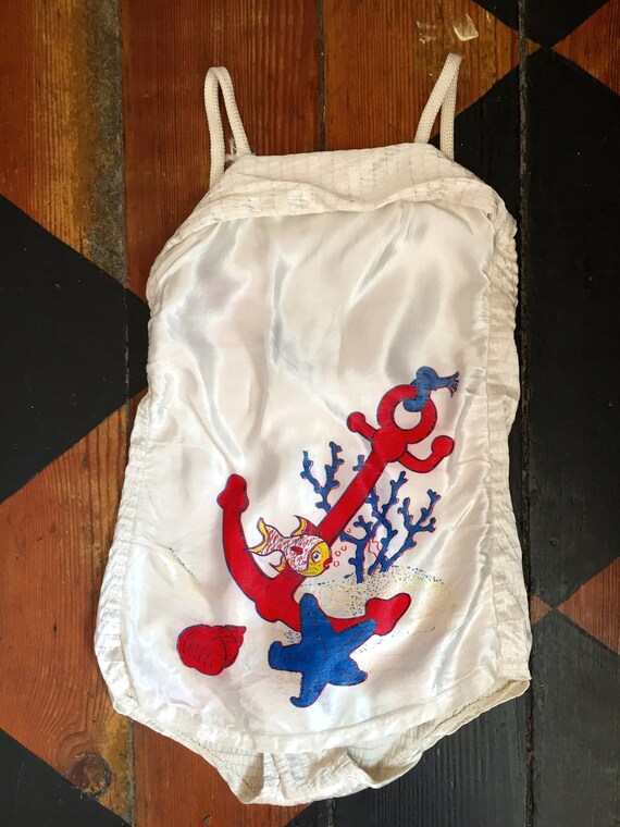 1940's white satin novelty print children's bathin